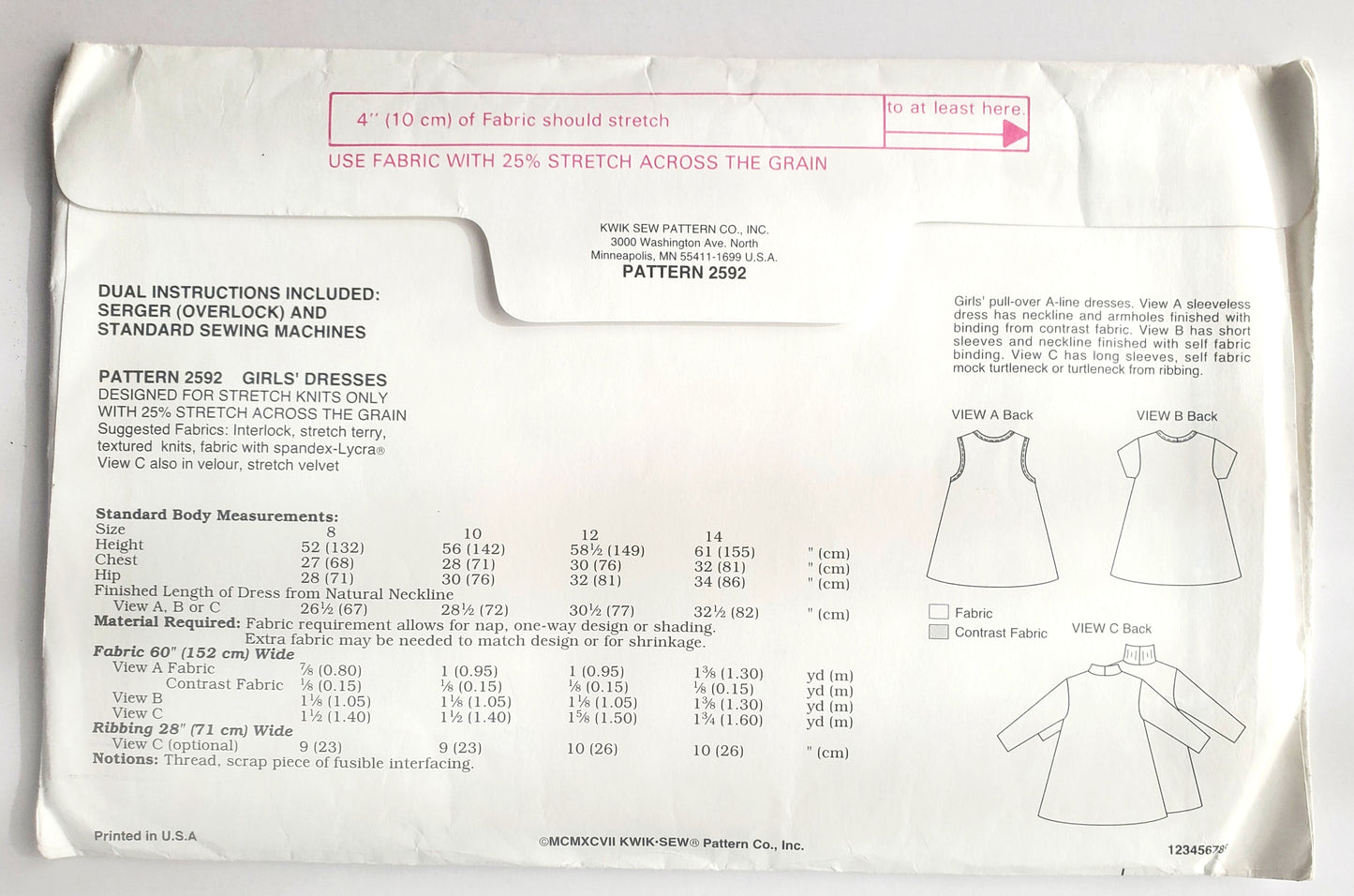 KWIK SEW Sewing Pattern 2592, Girls, Kids, Dress, A-line Dress, Size 8-14