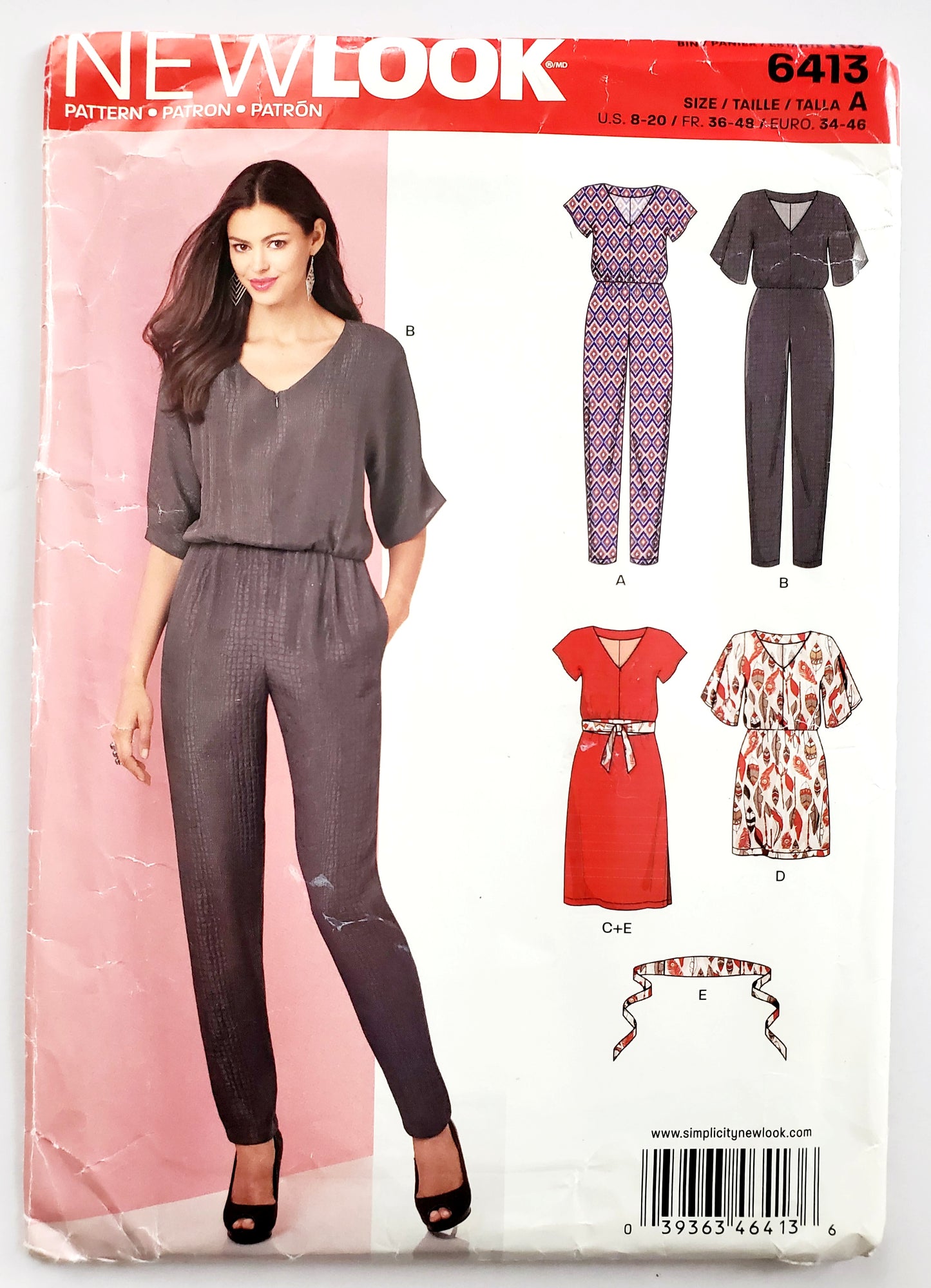NEW LOOK Sewing Pattern 6413 Short-Sleeved Tapered-Leg Jumpsuit & Dresses. Front Invisible Zip - Size 8-20