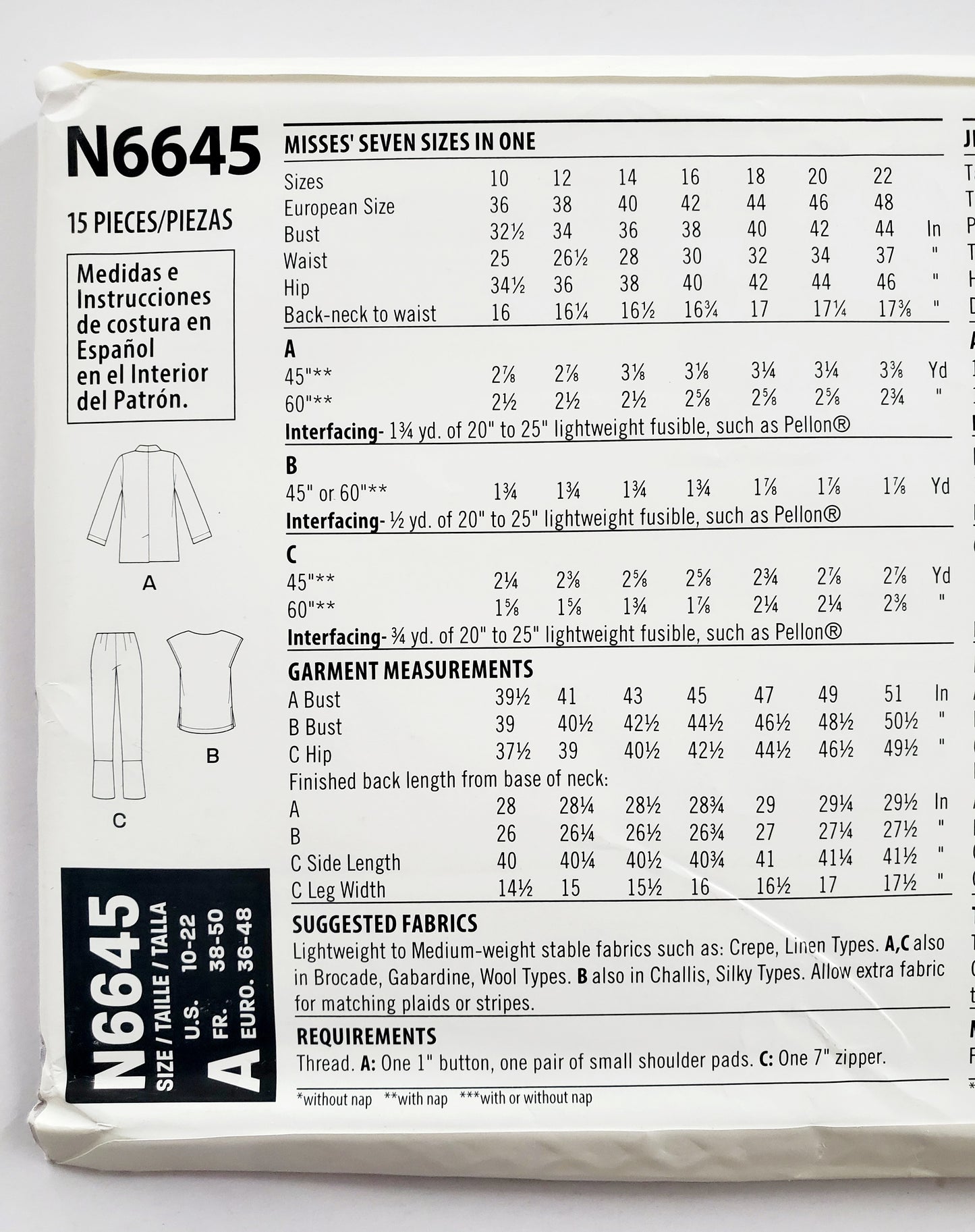 NEW LOOK Sewing Pattern N6645 Pants with Front Slits, Jacket and Top Outfit. Size 10-22