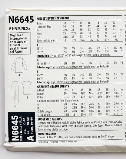 NEW LOOK Sewing Pattern N6645 Pants with Front Slits, Jacket and Top Outfit. Size 10-22