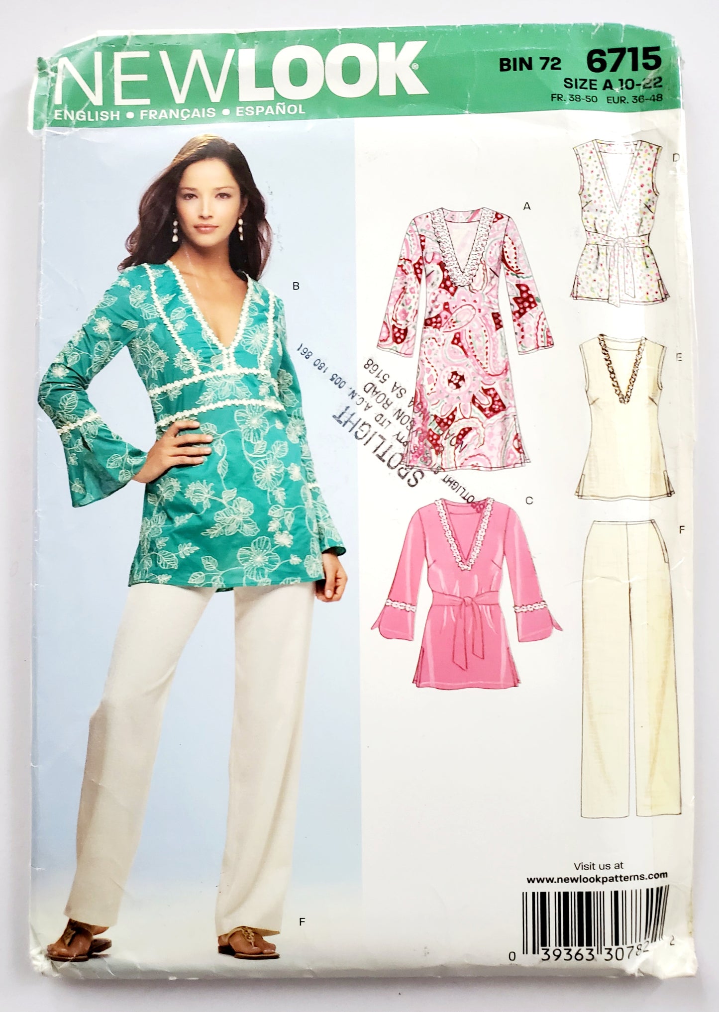 NEW LOOK Sewing Pattern 6715 Tunic, Tops with Flared Cuffs, V-Neckline, Pants. Size 10-22