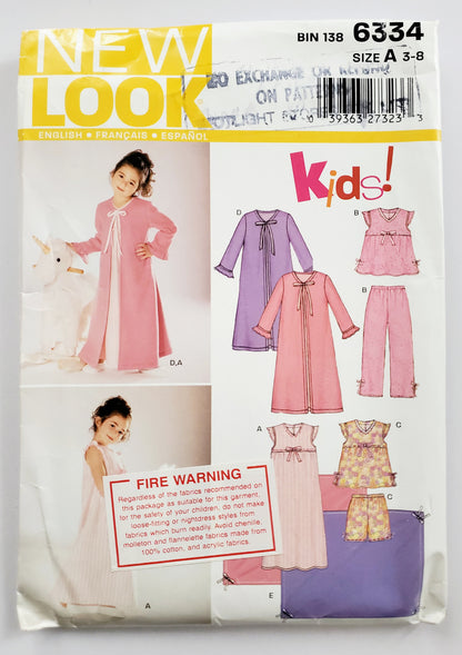 NEW LOOK Sewing Pattern 6334 Girls Kids Sleepwear, Nightwear, Pj's, Pyjamas. Size 3-8