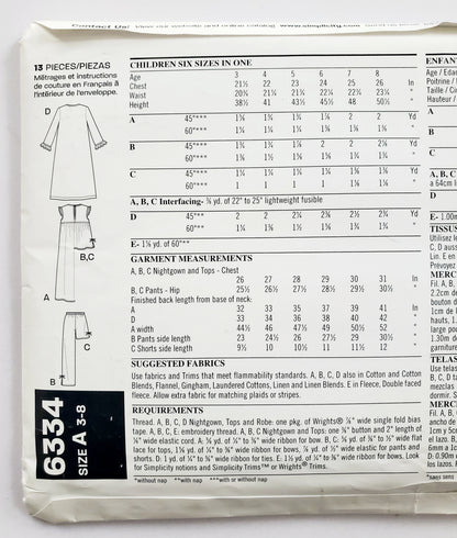 NEW LOOK Sewing Pattern 6334 Girls Kids Sleepwear, Nightwear, Pj's, Pyjamas. Size 3-8