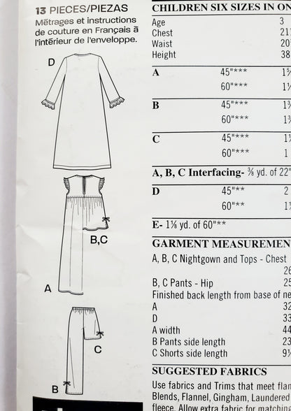 NEW LOOK Sewing Pattern 6334 Girls Kids Sleepwear, Nightwear, Pj's, Pyjamas. Size 3-8