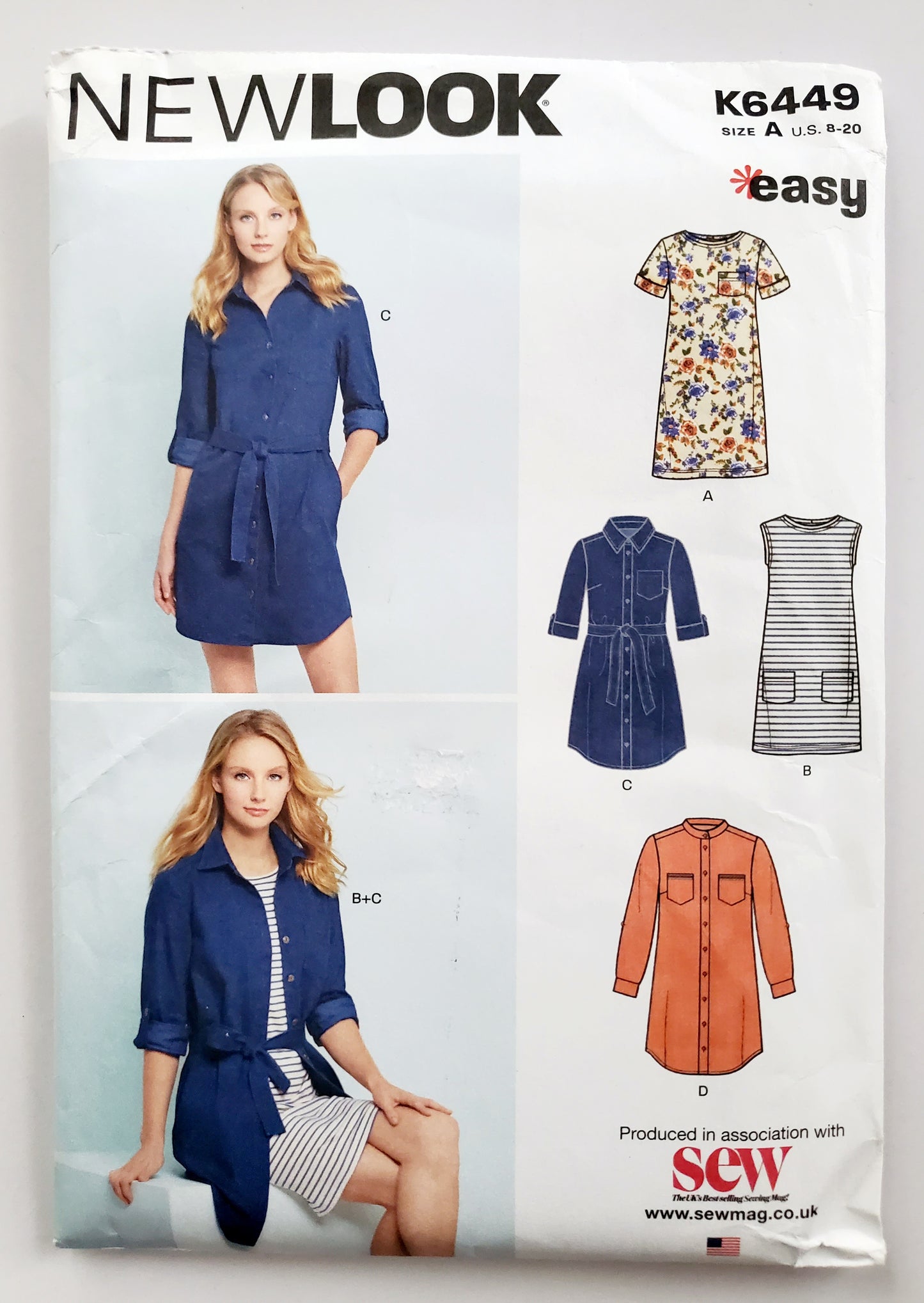 NEW LOOK Sewing Pattern K6449 Shirt-Dress, Tshirt-Dress, Buttoned Dress. Size 8-20