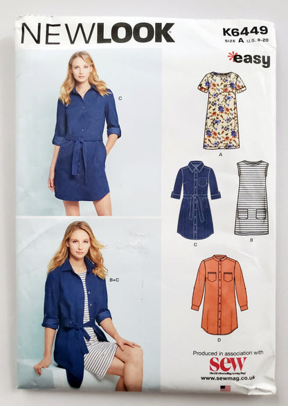 NEW LOOK Sewing Pattern K6449 Shirt-Dress, Tshirt-Dress, Buttoned Dress. Size 8-20