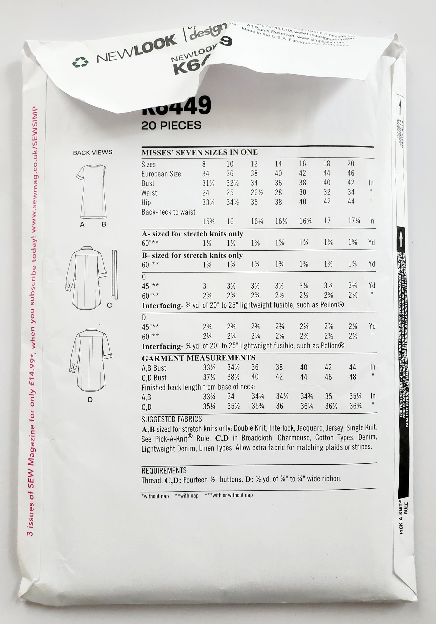NEW LOOK Sewing Pattern K6449 Shirt-Dress, Tshirt-Dress, Buttoned Dress. Size 8-20