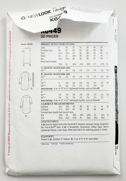NEW LOOK Sewing Pattern K6449 Shirt-Dress, Tshirt-Dress, Buttoned Dress. Size 8-20