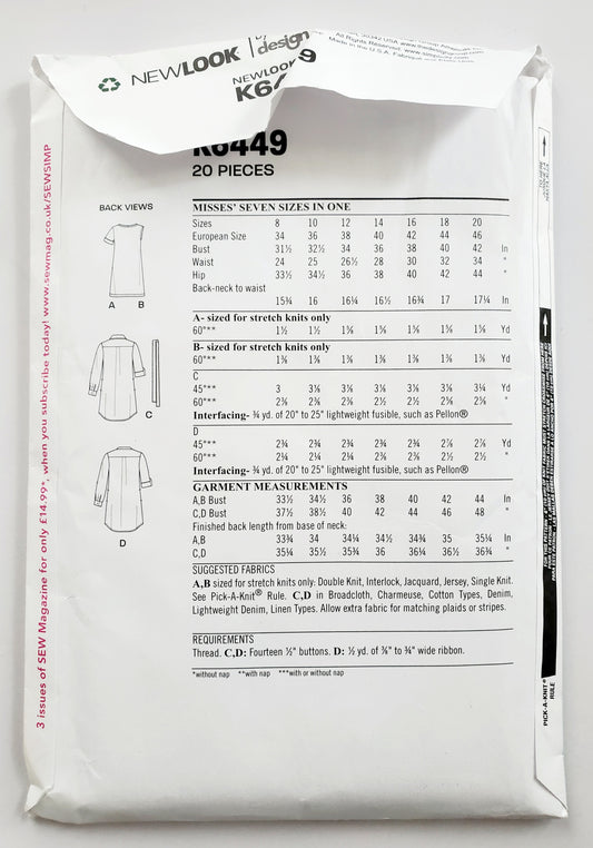 NEW LOOK Sewing Pattern K6449 Shirt-Dress, Tshirt-Dress, Buttoned Dress. Size 8-20