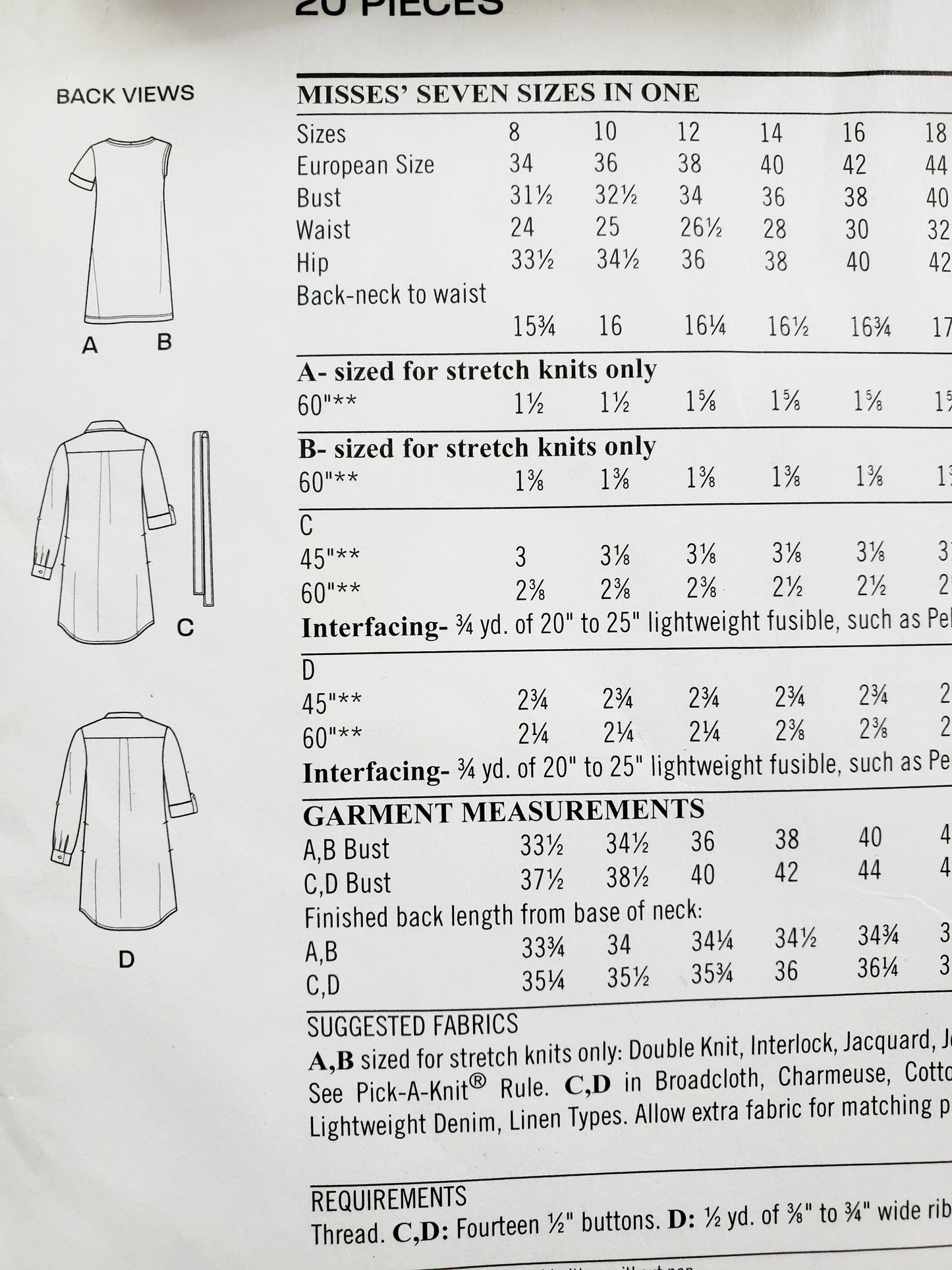 NEW LOOK Sewing Pattern K6449 Shirt-Dress, Tshirt-Dress, Buttoned Dress. Size 8-20