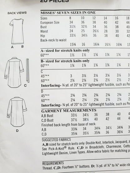 NEW LOOK Sewing Pattern K6449 Shirt-Dress, Tshirt-Dress, Buttoned Dress. Size 8-20