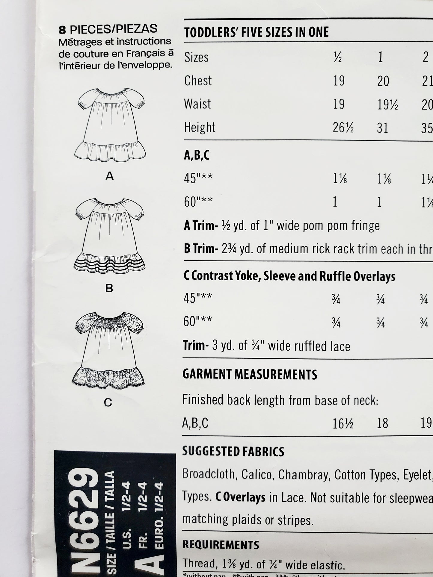 NEW LOOK Sewing Pattern N6629 Kids Girls Toddler Dress with Cute Pom Pom Trim & Ruffles. Size 1/2 - 4
