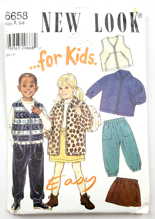 NEW LOOK Sewing Pattern 6658 Kids Unisex Boys & Girls Vest, Zipped Jacket, Elastic Waisted Pants & Skirt Size 3-8