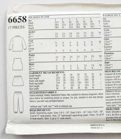 NEW LOOK Sewing Pattern 6658 Kids Unisex Boys & Girls Vest, Zipped Jacket, Elastic Waisted Pants & Skirt Size 3-8
