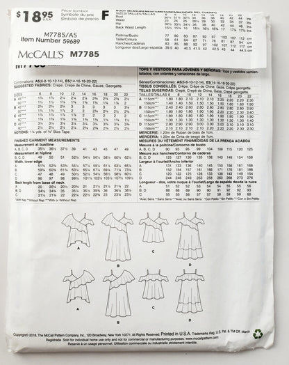 MCCALLS Sewing Pattern M7785 Tops & Dresses with Flounces. Size 6-14
