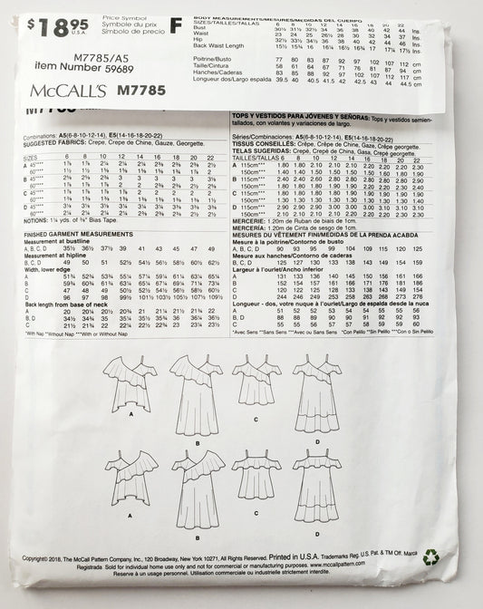 MCCALLS Sewing Pattern M7785 Tops & Dresses with Flounces. Size 6-14