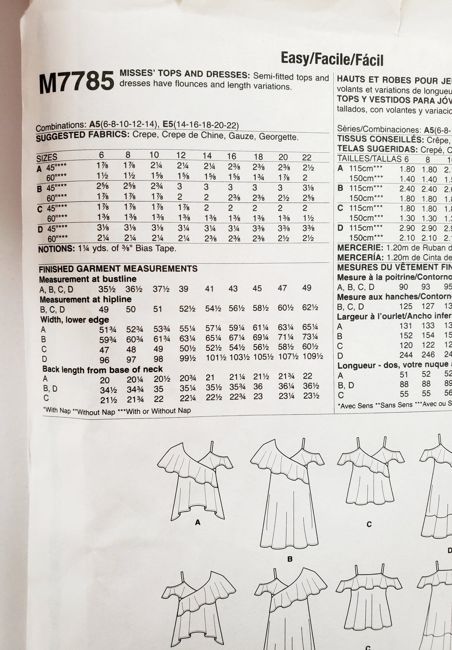 MCCALLS Sewing Pattern M7785 Tops & Dresses with Flounces. Size 6-14