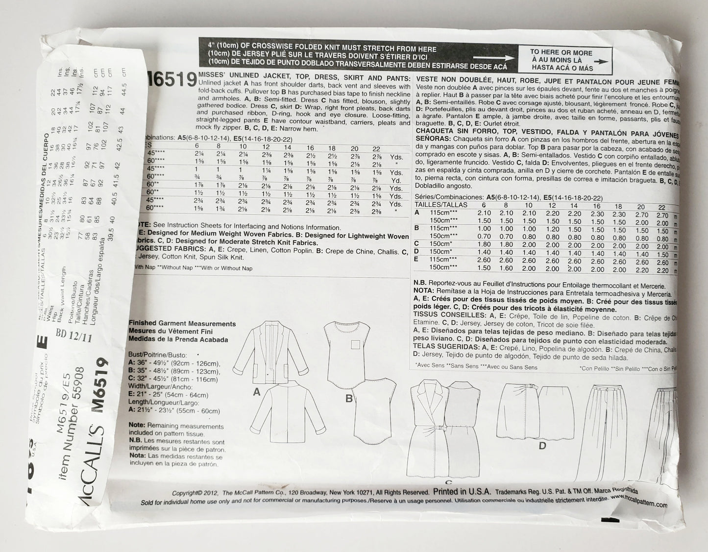 MCCALLS Sewing Pattern M6519 Jacket, Top, Collared Sleeveless Dress, Skirt, Pants Size 14-22