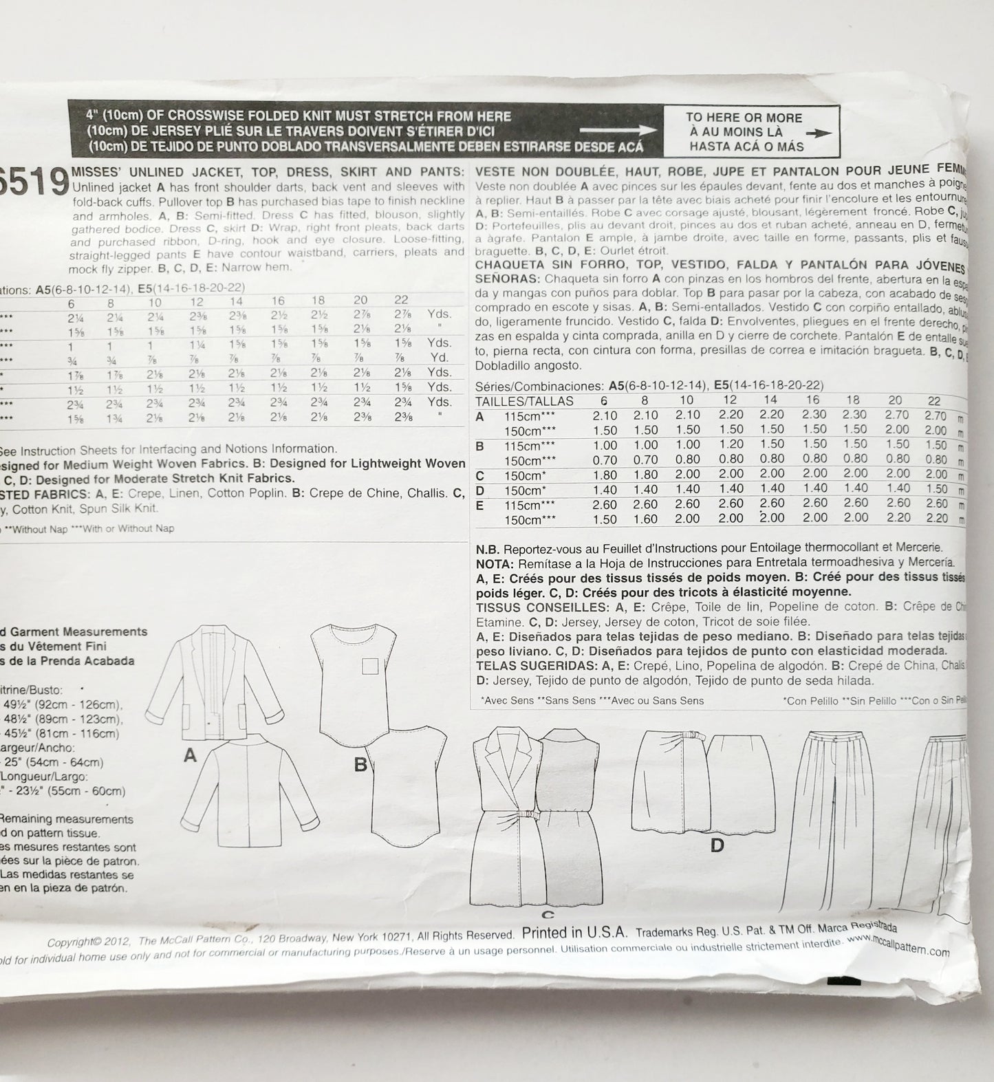 MCCALLS Sewing Pattern M6519 Jacket, Top, Collared Sleeveless Dress, Skirt, Pants Size 14-22