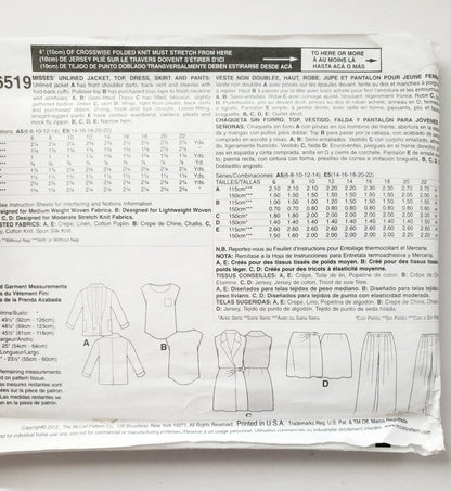 MCCALLS Sewing Pattern M6519 Jacket, Top, Collared Sleeveless Dress, Skirt, Pants Size 14-22