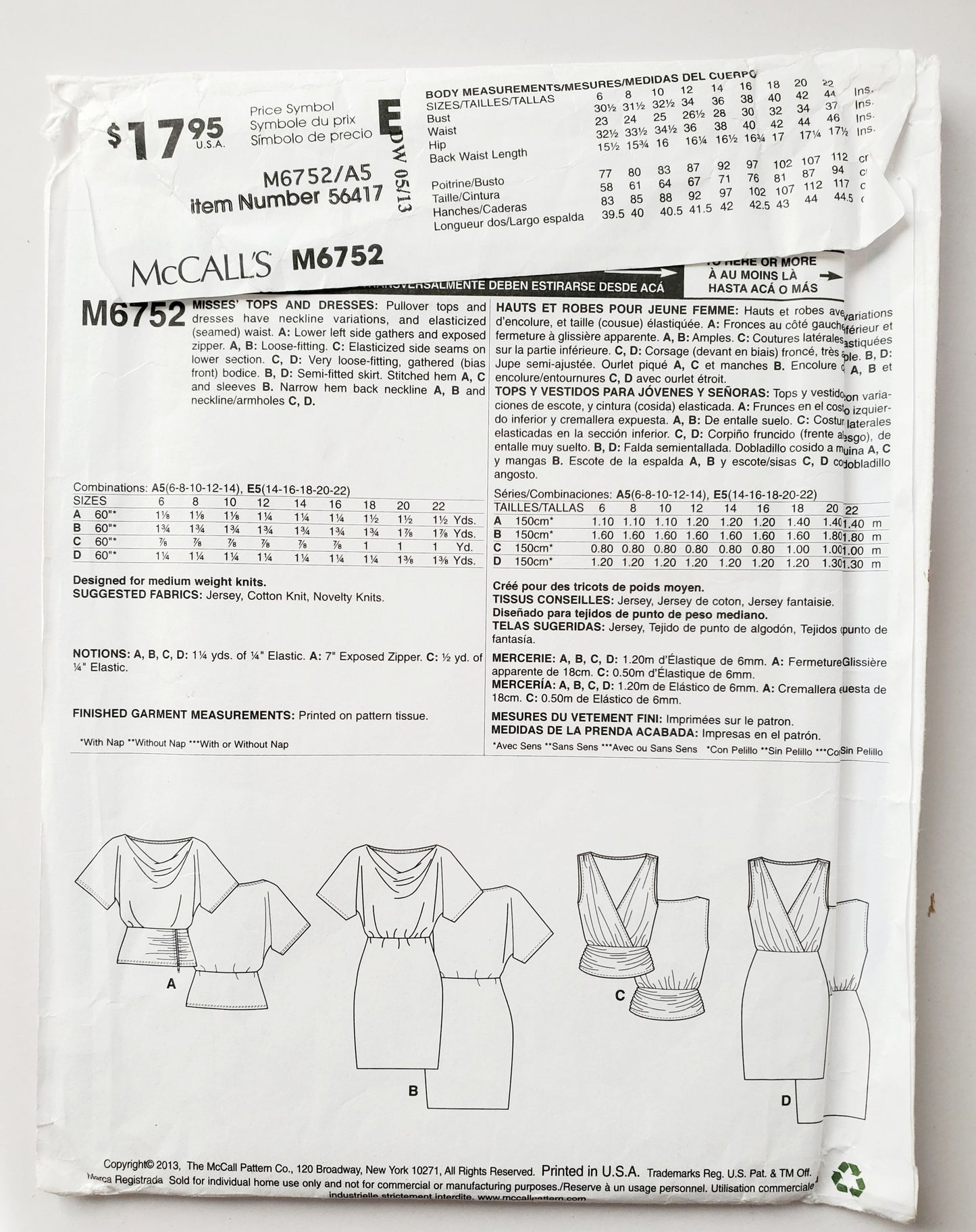 MCCALLS Sewing Pattern M6752 Pullover Tops, Dresses, Elasticized Waist, Size 6-14