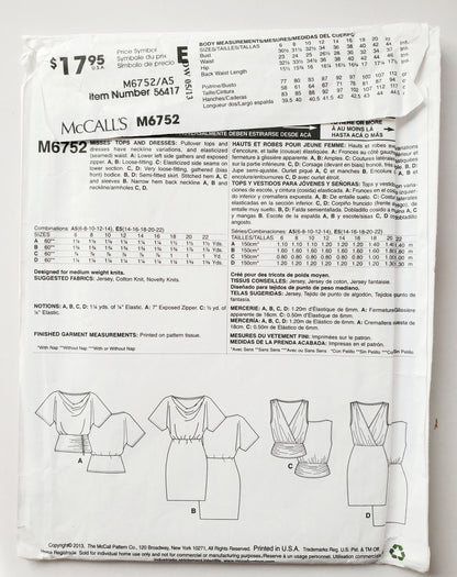 MCCALLS Sewing Pattern M6752 Pullover Tops, Dresses, Elasticized Waist, Size 6-14