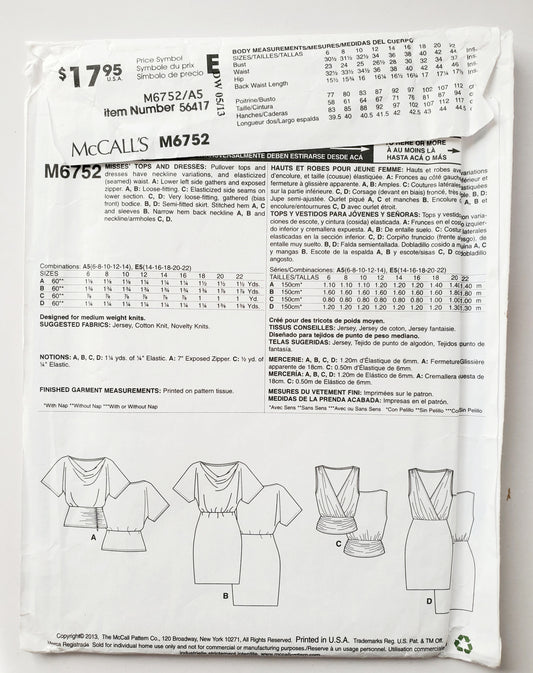 MCCALLS Sewing Pattern M6752 Pullover Tops, Dresses, Elasticized Waist, Size 6-14