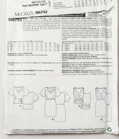 MCCALLS Sewing Pattern M6752 Pullover Tops, Dresses, Elasticized Waist, Size 6-14