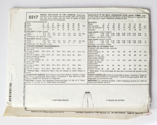 MCCALLS Sewing Pattern 5517 Vintage, Split Skirt, Culotte, Size 14