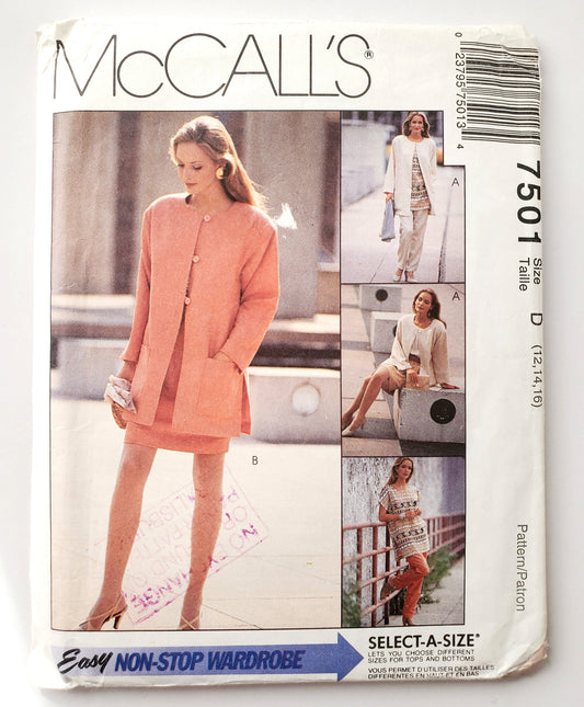 MCCALLS Sewing Pattern 7501 Unlined Jacket, Tunic, Top, Pull-on Pants, Pull-on Skirt, Size 12-16