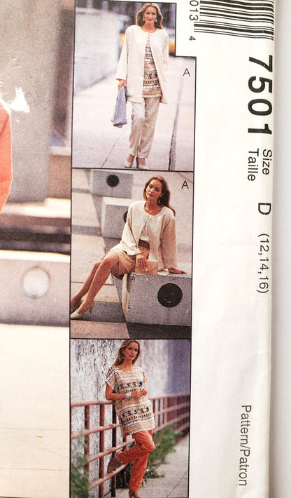 MCCALLS Sewing Pattern 7501 Unlined Jacket, Tunic, Top, Pull-on Pants, Pull-on Skirt, Size 12-16