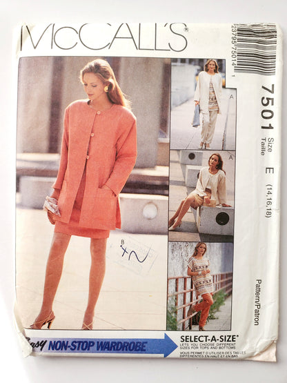 MCCALLS Sewing Pattern 7501 Unlined Jacket, Tunic, Top, Pull-on Pants, Pull-on Skirt, Size 14-18