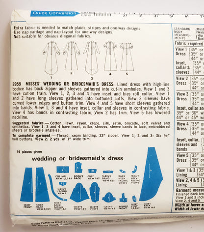 STYLE Sewing Pattern 3959, Wedding Dress, Bridesmaid Dress, Vintage Bridal Dress, Size 10