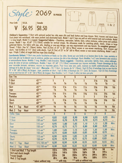 STYLE Sewing Pattern 2069, Kids, Girls, Children's Seperates, Top, T-shirt, Shorts, Skirts, Pants, Size 3-8