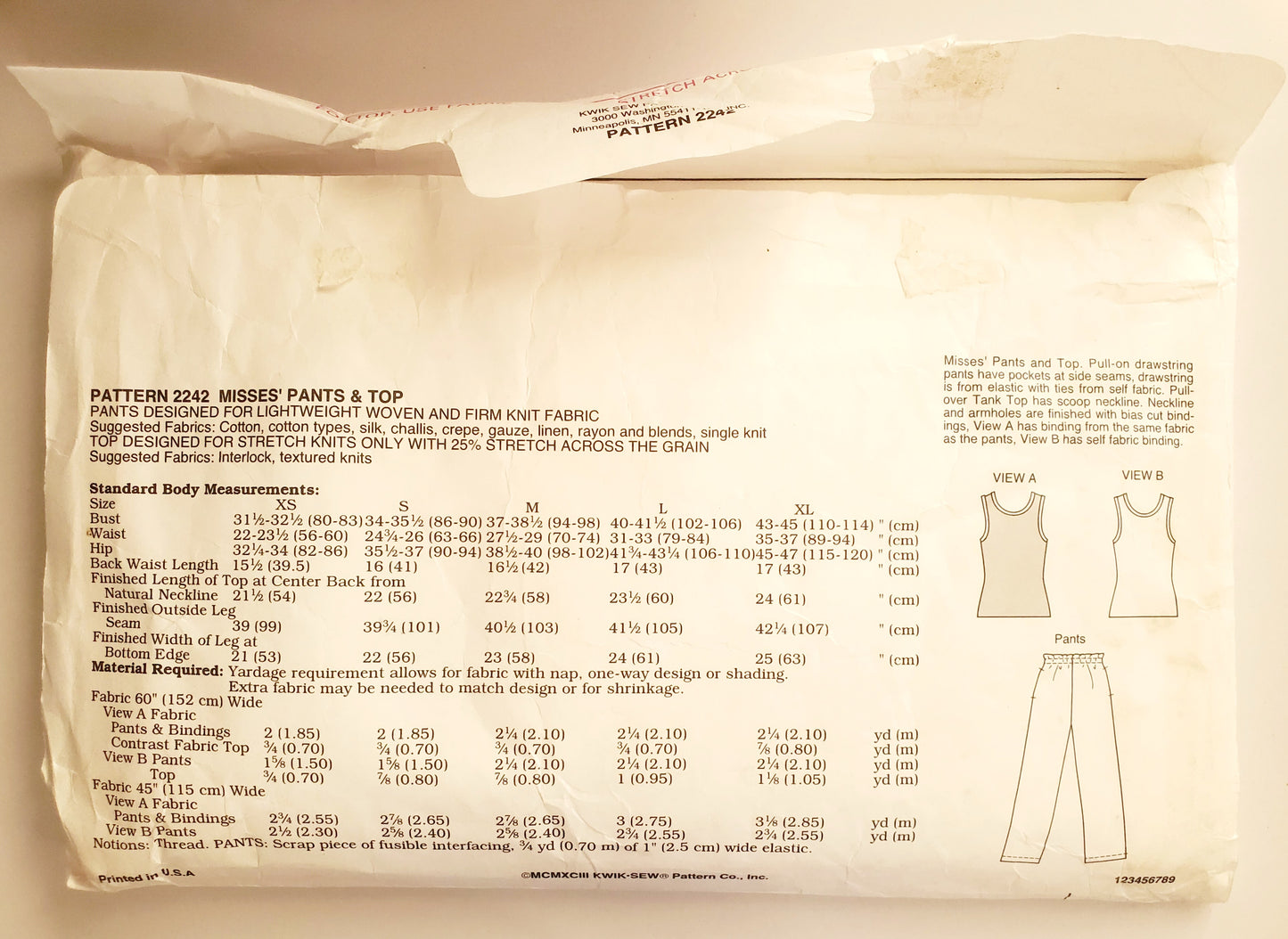 KWIK SEW Sewing Pattern 2242, Top, Pants, Drawstring Pants, Tank Top, Size XS-XL