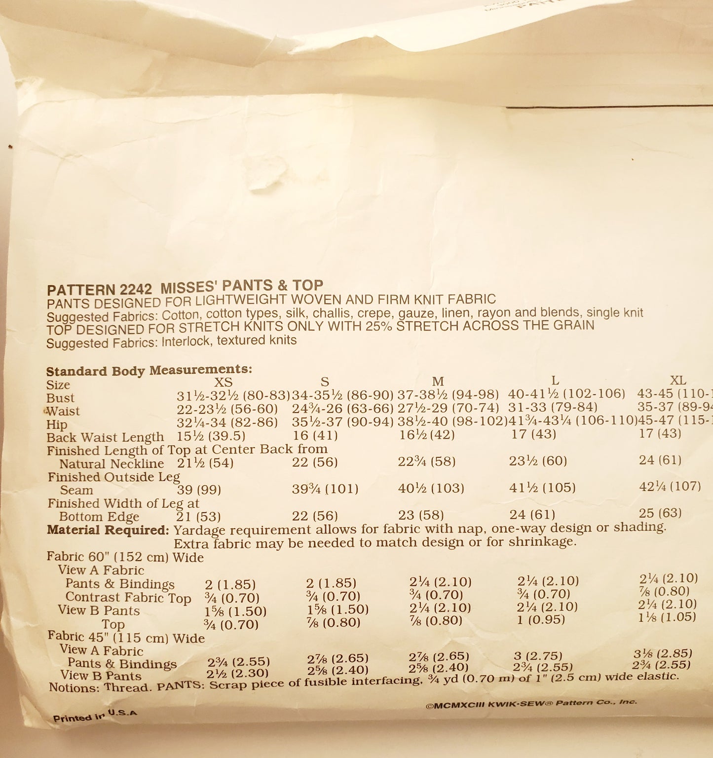 KWIK SEW Sewing Pattern 2242, Top, Pants, Drawstring Pants, Tank Top, Size XS-XL