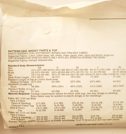 KWIK SEW Sewing Pattern 2242, Top, Pants, Drawstring Pants, Tank Top, Size XS-XL