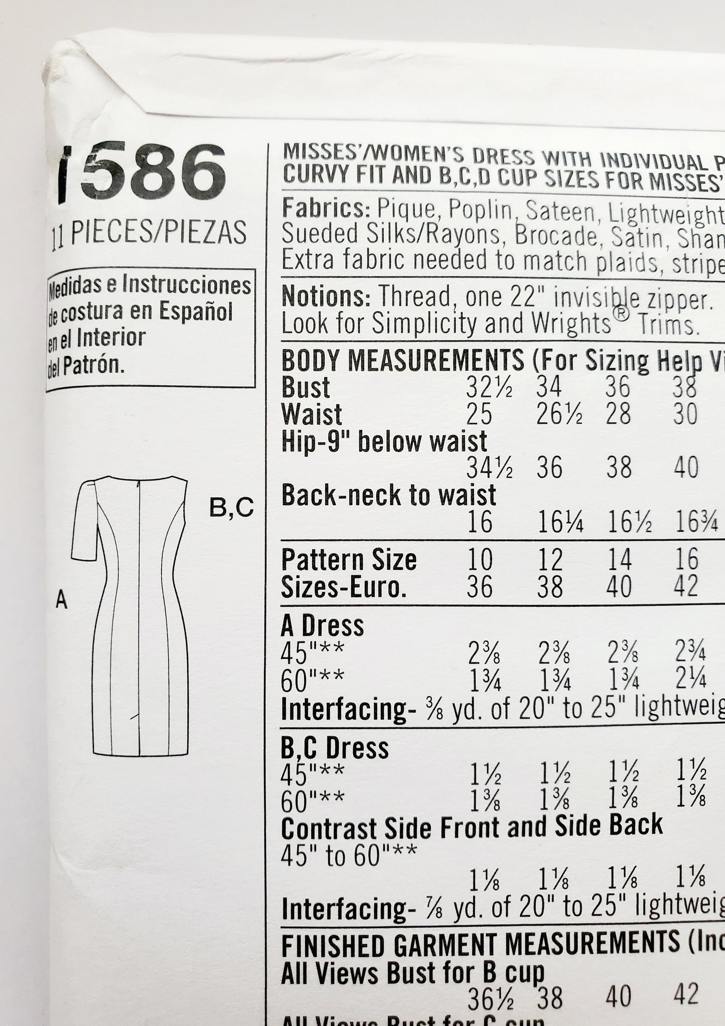 SIMPLICITY Sewing Pattern 1586 Dress Shaped Princess Seams, Colour Block / Amazing Fit Collection SIZE 20-28