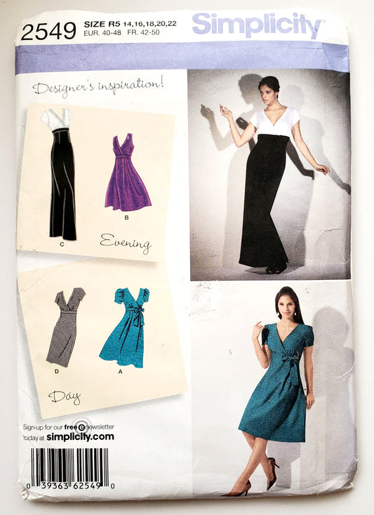 SIMPLICITY Sewing Pattern 2549, Designer Dress, Evening and Day Dress, Size 14-22