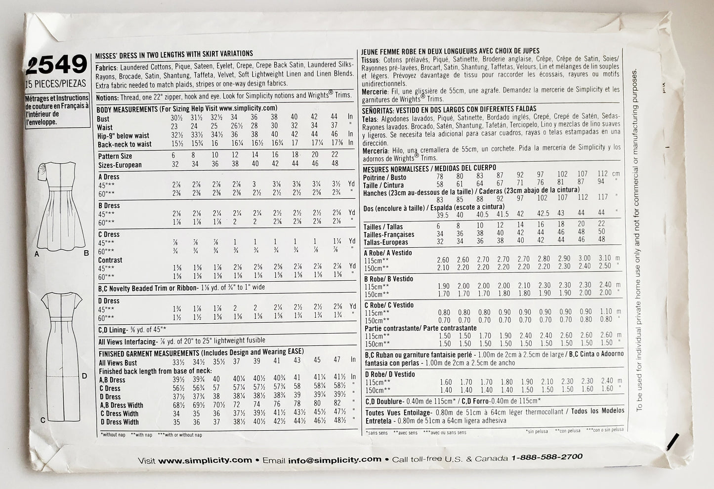 SIMPLICITY Sewing Pattern 2549, Designer Dress, Evening and Day Dress, Size 14-22