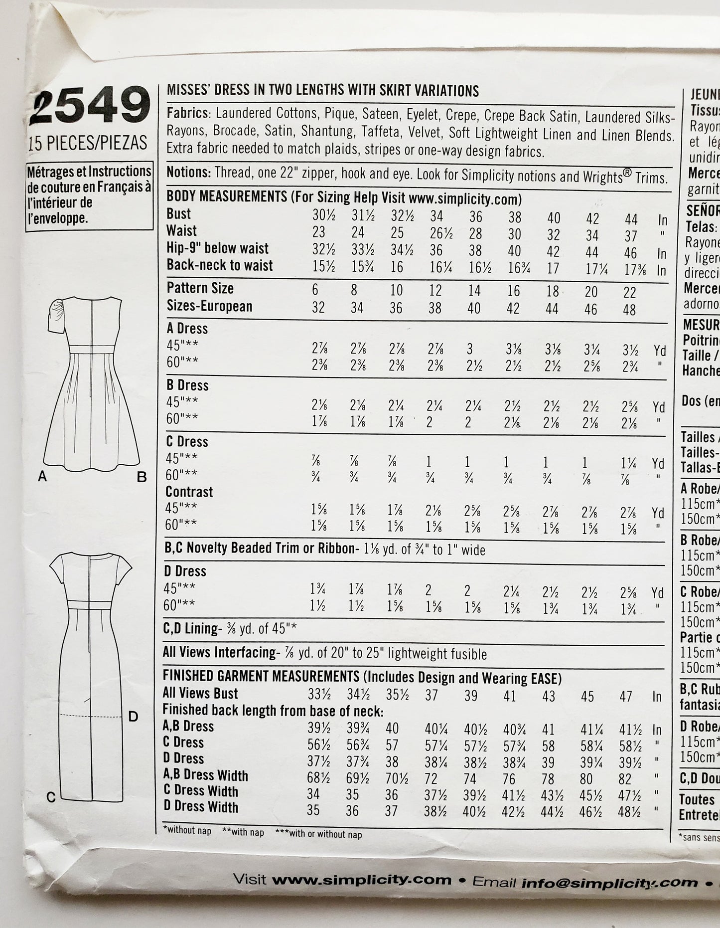 SIMPLICITY Sewing Pattern 2549, Designer Dress, Evening and Day Dress, Size 14-22