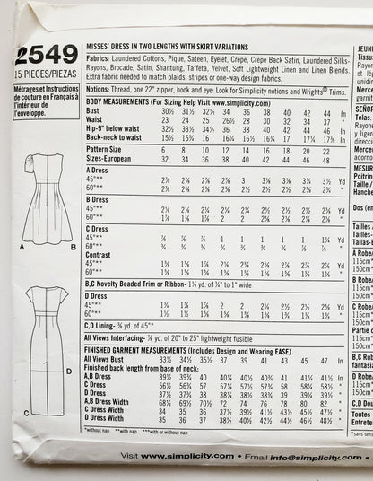 SIMPLICITY Sewing Pattern 2549, Designer Dress, Evening and Day Dress, Size 14-22