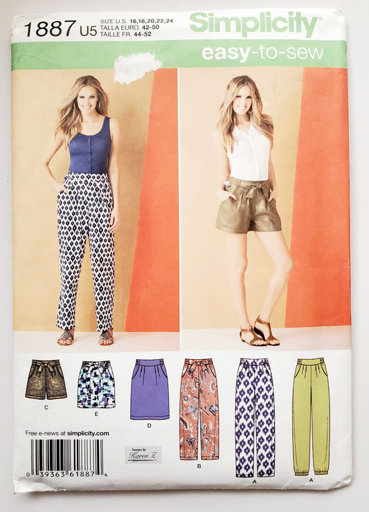 SIMPLICITY Sewing Pattern 1887 Pants, Cropped Pants, Shorts, Skirt, Mini Skirt SIZE 16-24