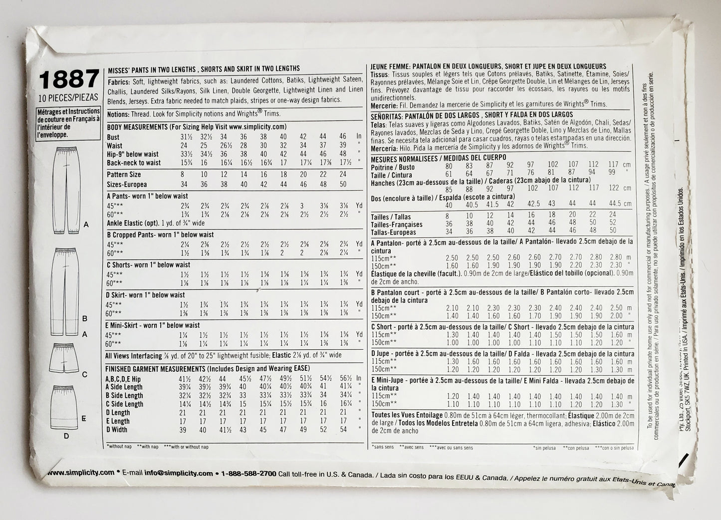 SIMPLICITY Sewing Pattern 1887 Pants, Cropped Pants, Shorts, Skirt, Mini Skirt SIZE 16-24