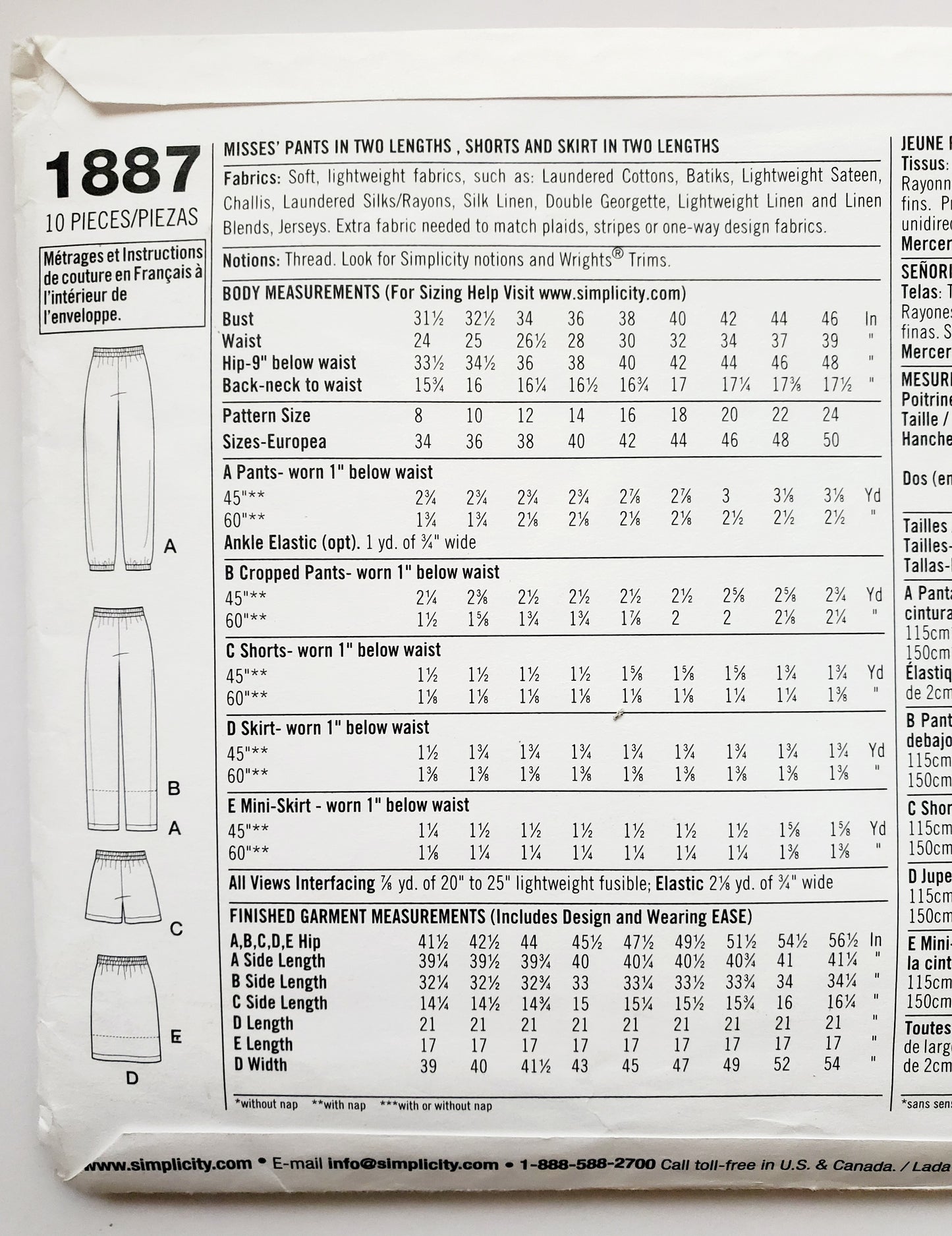 SIMPLICITY Sewing Pattern 1887 Pants, Cropped Pants, Shorts, Skirt, Mini Skirt SIZE 16-24