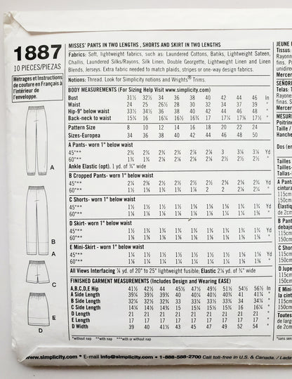SIMPLICITY Sewing Pattern 1887 Pants, Cropped Pants, Shorts, Skirt, Mini Skirt SIZE 16-24