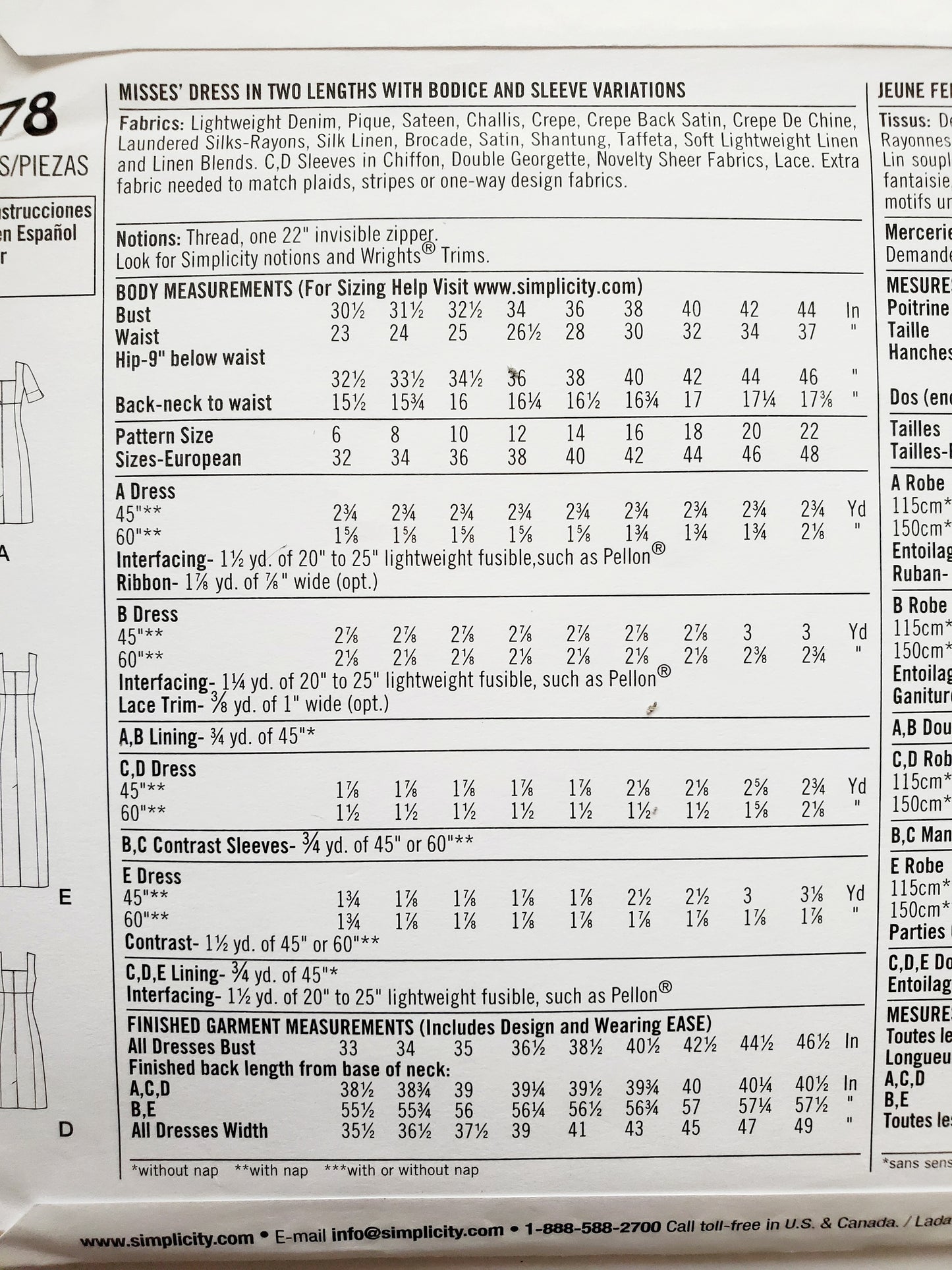 SIMPLICITY Sewing Pattern 1778 Designers Inspiration Dress Day & Evening SIZE 6-14