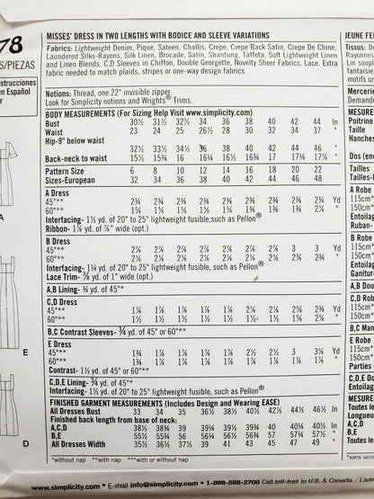 SIMPLICITY Sewing Pattern 1778 Designers Inspiration Dress Day & Evening SIZE 6-14