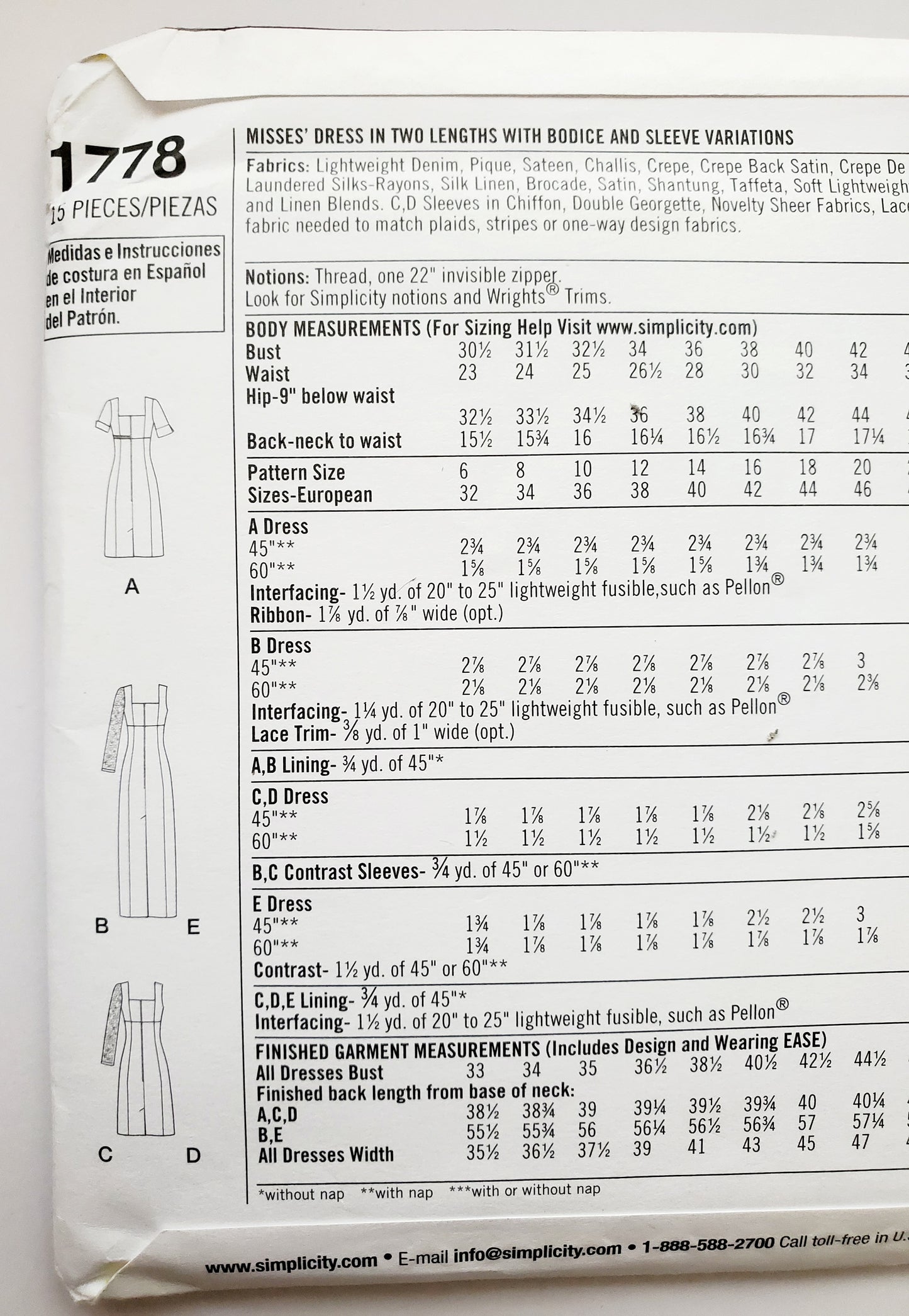 SIMPLICITY Sewing Pattern 1778 Designers Inspiration Dress Day & Evening SIZE 6-14