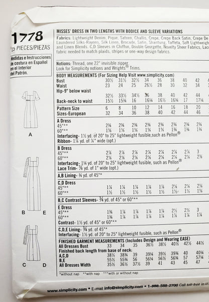 SIMPLICITY Sewing Pattern 1778 Designers Inspiration Dress Day & Evening SIZE 6-14